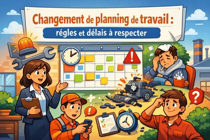 Une équipe discute du changement horaire de travail. Un calendrier, des outils et des employés pensifs illustrent les règles et délais à respecter.
